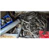Image 2 : SHELF LOT : Pipe Clamps, Booster Cables, Grease Gun, Gas Pump Nozzle, Tire Wrench, Oil Filter Wrench
