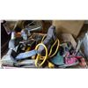 Image 8 : SHELF LOT : Pipe Clamps, Booster Cables, Grease Gun, Gas Pump Nozzle, Tire Wrench, Oil Filter Wrench
