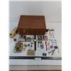 Image 1 : Vintage Jewelry Box - 15x12x6" - with Contents (Flasks, Cards, Pins, Men's Watches, Games, Misc.)