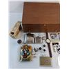 Image 2 : Vintage Jewelry Box - 15x12x6" - with Contents (Flasks, Cards, Pins, Men's Watches, Games, Misc.)