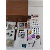 Image 3 : Vintage Jewelry Box - 15x12x6" - with Contents (Flasks, Cards, Pins, Men's Watches, Games, Misc.)