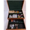 Image 4 : Vintage Jewelry Box - 15x12x6" - with Contents (Flasks, Cards, Pins, Men's Watches, Games, Misc.)