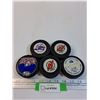 Image 1 : (5) Hockey Pucks: Winnipeg Jets, Milwaukee, NY Devils, Misc