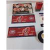 Image 4 : Calgary Flames & Montreal Canadiens Lot: Bottle Opener, Hockey Pucks, Key, Jersey Can Holder, Misc