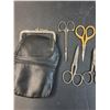 Image 2 : Lot: Leather Coin Purse, (7) Vanity Scissors, Compact Mirror, Tweezers, Misc
