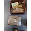 Image 2 : Wooden Chest (Missing Leg), Canadian Pins & Metal Belt Buckle, Thimbles, Misc