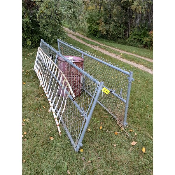 (2) Madsen Chain-Link 11' Metal Gates w/Hardware, 10' Hand Railing - As is, Empty 45 Gallon Drum