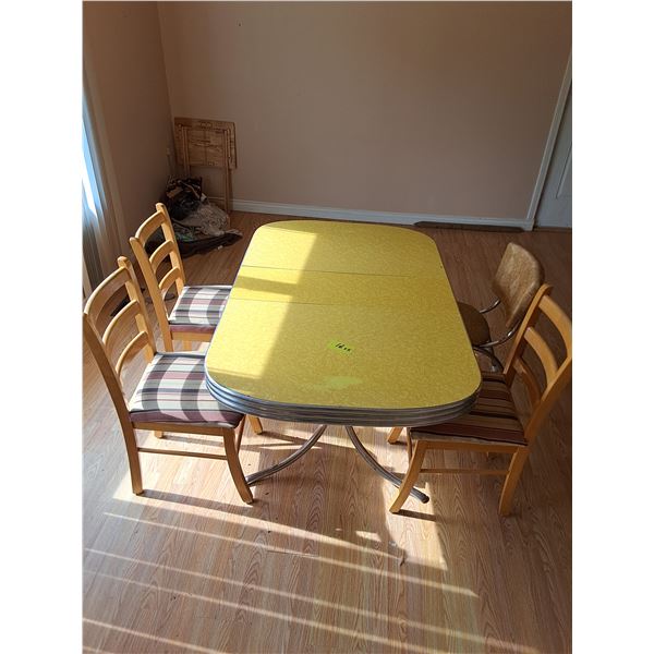 Vintage Metal Frame Dining Table - 59" x 36" w/Leaf, (4) Mis-Matched Dining Chairs