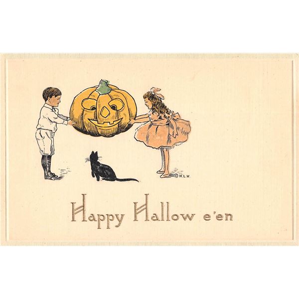 Woehler Halloween Boy & Girl Holding Pumpkin & Black Cat Holiday Postcard