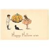 Image 1 : Woehler Halloween Boy & Girl Holding Pumpkin & Black Cat Holiday Postcard