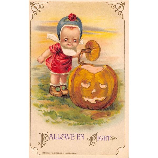 Winsch Halloween Girl in Red & Pumpkin Holiday Greeting Postcard