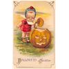 Image 1 : Winsch Halloween Girl in Red & Pumpkin Holiday Greeting Postcard