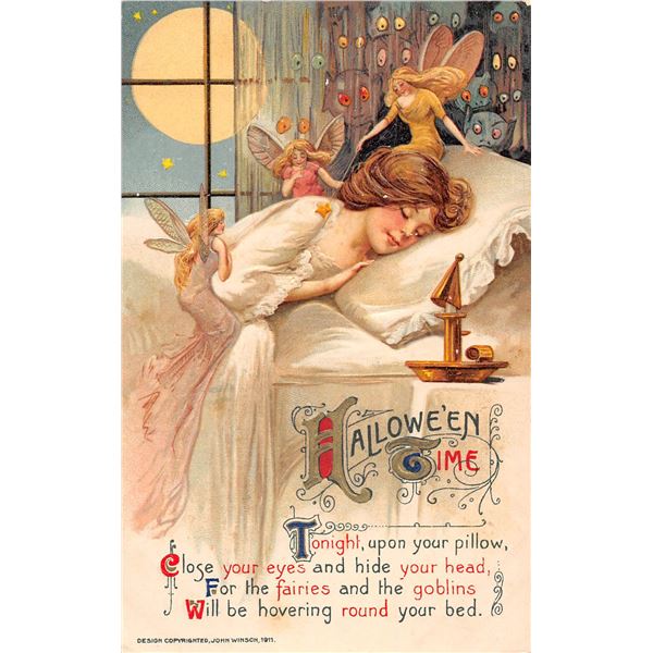 Halloween Time Winsch Girl in Bed & Fairies Holiday Greeting Postcard