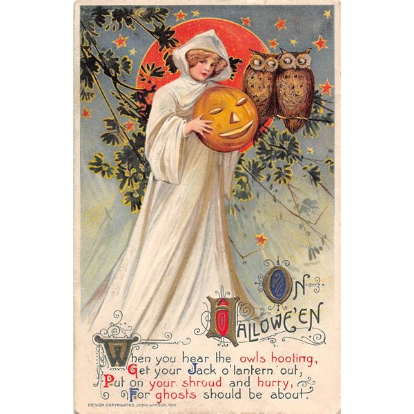 Winsch On Halloween Girl As Ghost with Pumpkin & Owls Holiday Postcard