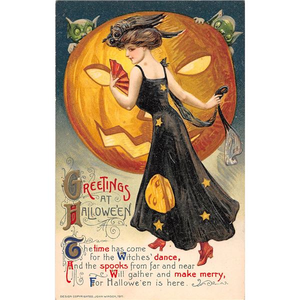 Greetings at Halloween Lady In Front of Pumpkin Winsch Holiday Postcard