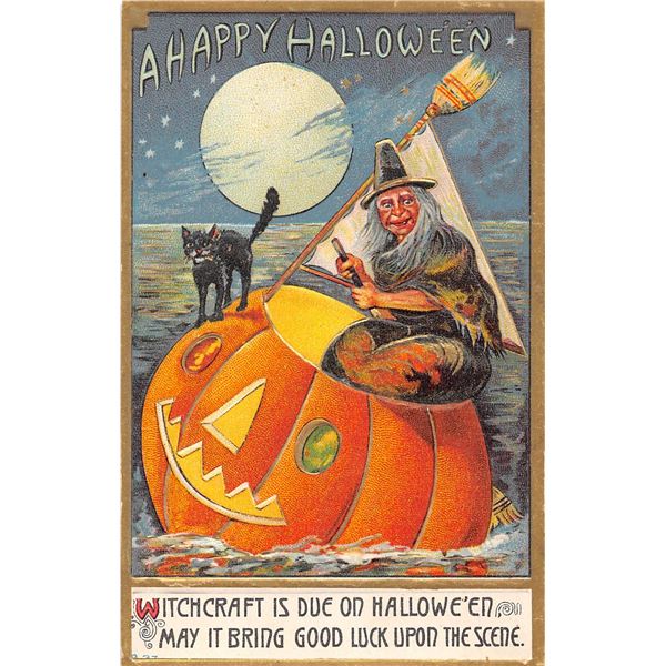 A Happy Halloween Witch Sailing with Cat in Pumpkin Holiday Greeting Postcard