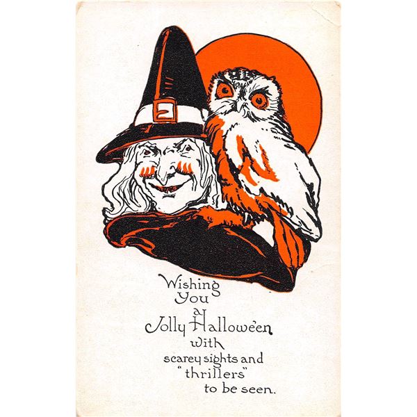 Witch with Owl Metropolitan News Halloween Greeting Postcard