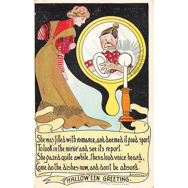 Rose Halloween Lady in Mirror Holiday Greeting Postcard