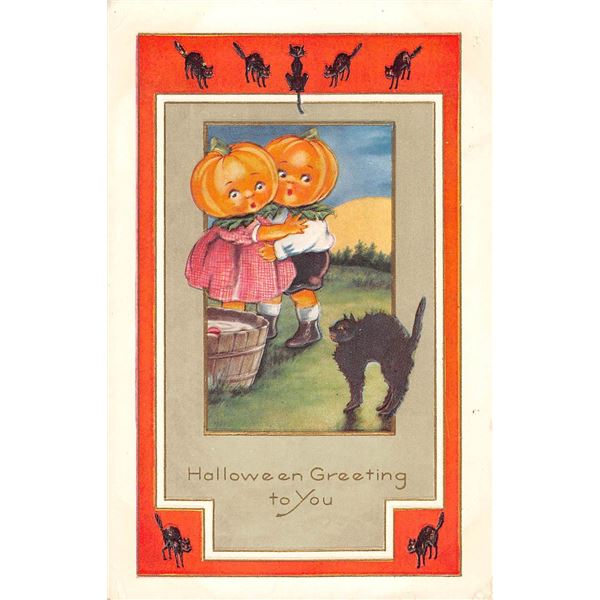 Whitney Halloween Cat & Pumpkin Head Children Holiday Greeting Postcard