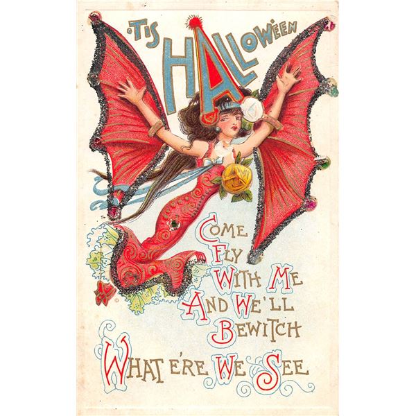 Tis Halloween Lady Flying In Red Holiday Greeting Postcard