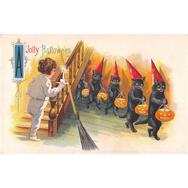 A Jolly Halloween Child & Black Cats Holiday Greeting Postcard