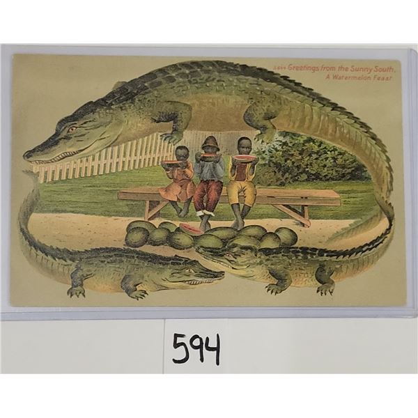Alligator Border #644 Greetings from the Sunny South A Watermelon Feast Black Americana Postcard