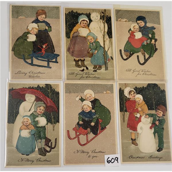 6 PFB Christmas Children in Snow & Snowmen Postcards
