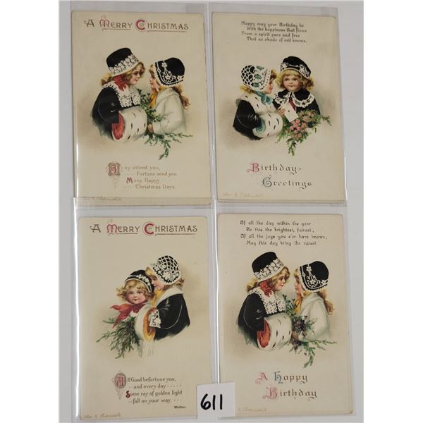 4 Christmas Clapsaddle Girls in Black Hat Holiday Postcards