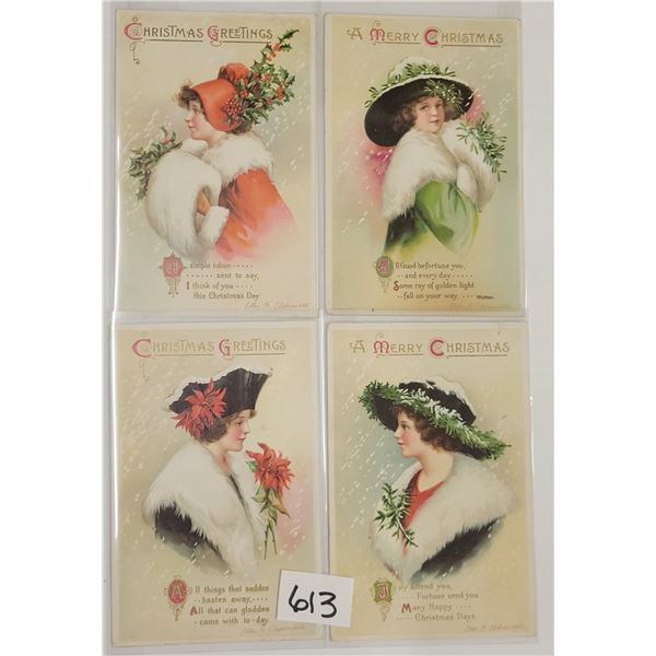 Set of 4 Christmas Clapsaddle Lady Holiday Postcards