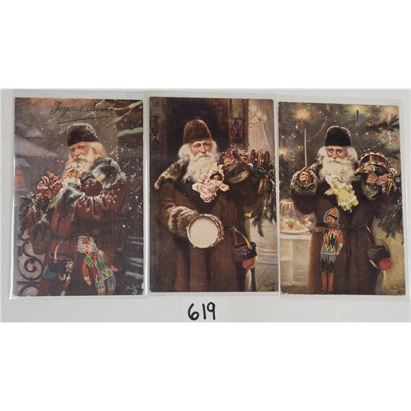 3 Tuck Santa Holiday Christmas Greeting Postcards