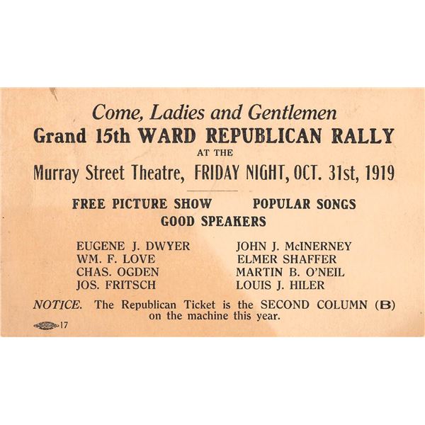 Republican Rally Murray Street Theatre Halloween Night 1919 Postal Card