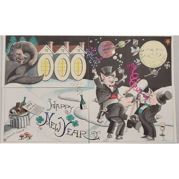 Installment Set of 4 Flying Rabbit Dressed Pigs New Year 2000 Postcards
