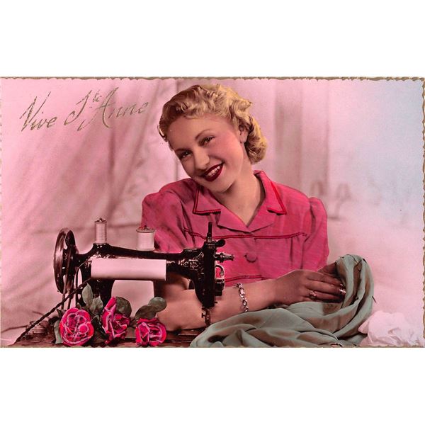 Group of 5 Tinted Photo Woman Sewing Postcards