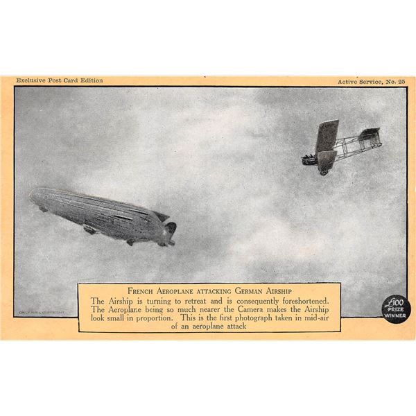 WWI Patriotic Postcard Depicting French Plane Attacking German Zeppelin Airship