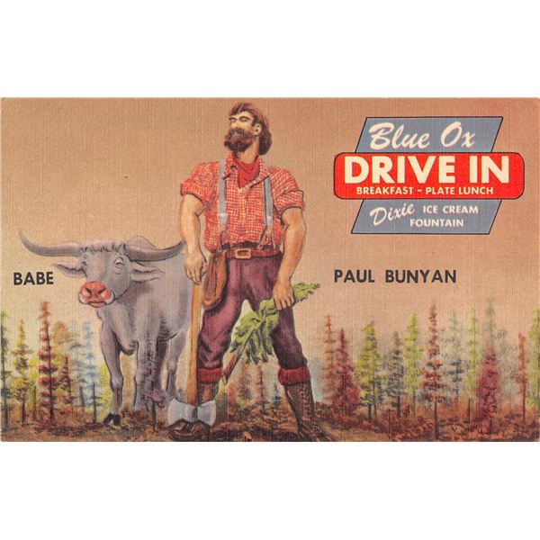 Paul Bunyan Blue Ox Drive In Linen Advertising Postcard Lexington, Kentucky