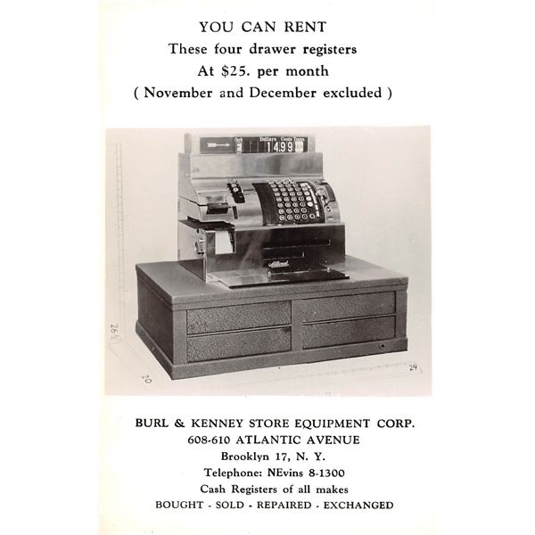 Burl & Kenney Store Equipment Cash Register Advertising Photo PC Brooklyn, New York