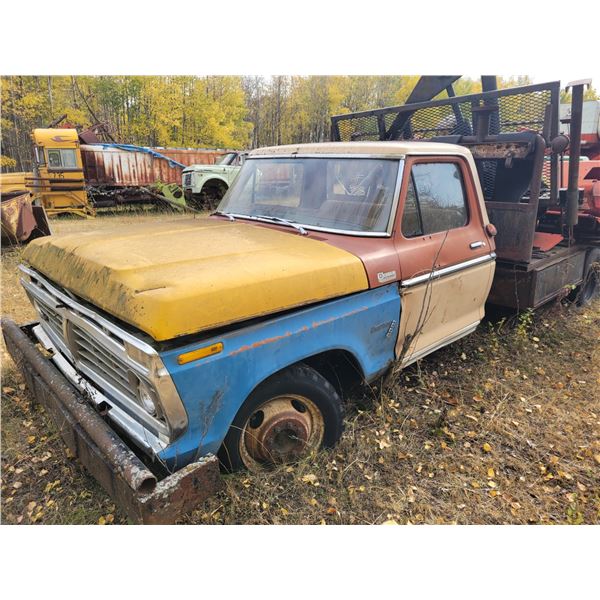 Approx. 1973 Ford F350 truck, PTO, winch ,steel deck, sold for parts, contents not included