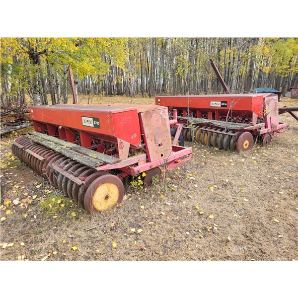 Set of Massey 63, 12 ft press drills, double disc, last used to seed canola & alfalfa c/w dual hitch