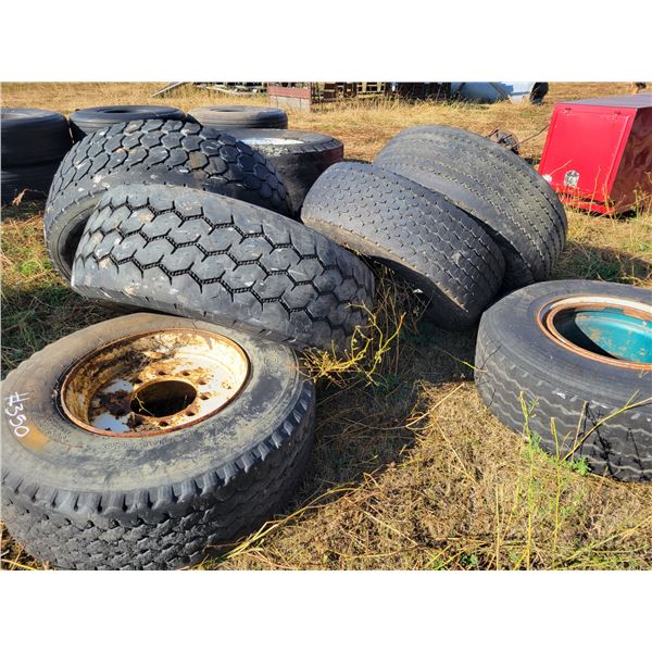 Qty of used wide front steering tires, some on rims