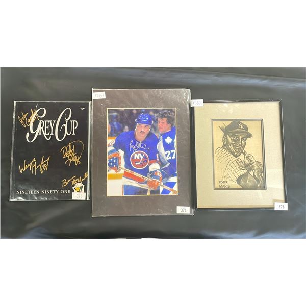 SIGNED BRIAN TROTTIER PHOTO 11" X 14", 1991 GREY CUP PROGRAM SIGNE DBY WAYNE GRETZKY & JOHN CANDY &