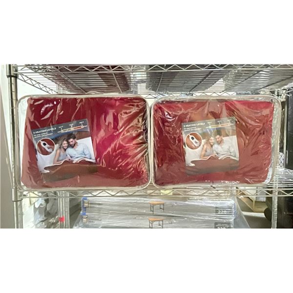 (2) RED FLEECE LINED HEATED BLANKETS WITH 3 HEATING LEVELS