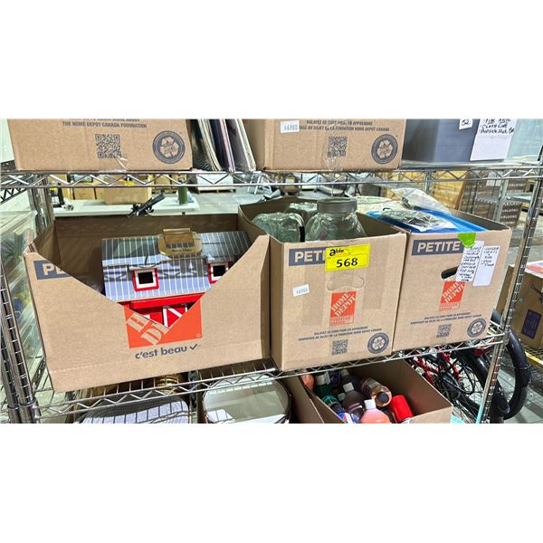 3 BOXES OF KID'S CRAFT SUPPLIES, GLASS JARS, TOY BARN WITH ANIMALS & MORE