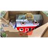 Image 2 : 3 BOXES OF KID'S CRAFT SUPPLIES, GLASS JARS, TOY BARN WITH ANIMALS & MORE