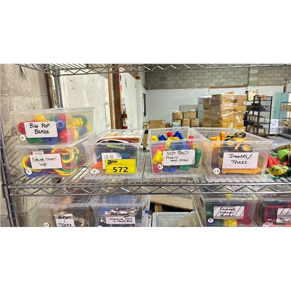 5 SMALL PLASTIC BINS OF TRUCKS, PLASTIC NUTS & BOLTS, CLIX, BIG POP BEADS & LINKING CHAINS