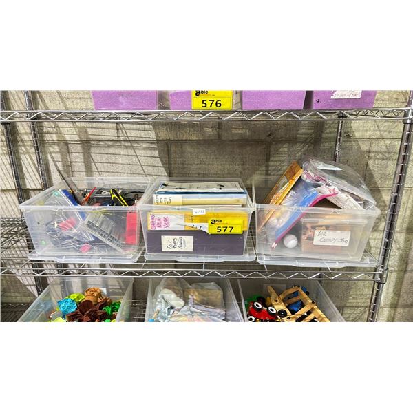 3 PLASTIC BINS OF OFFICE SUPPLIES, FELT BOARD STORY SUPPLIES & MORE