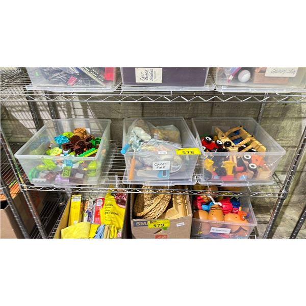 3 TOTES OF LARGE LEGO LIKE PIECE, FAKE CAMP FIRES WITH ACCESSORIES, & WOODEN VEHICLES