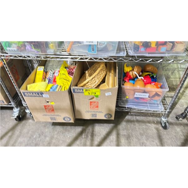 3 BOXES OF MR POTATO HEAD DOLLS, STORAGE BINS, FOOD WRAP, DISH CLOTHS & MORE