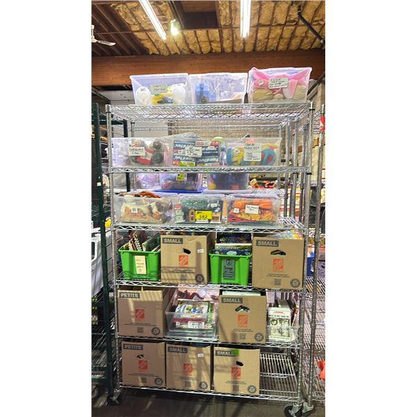 RACK OF ASSORTED CHILDREN'S BOOKS, CRAFTING SUPPLIES, TOYS & MORE