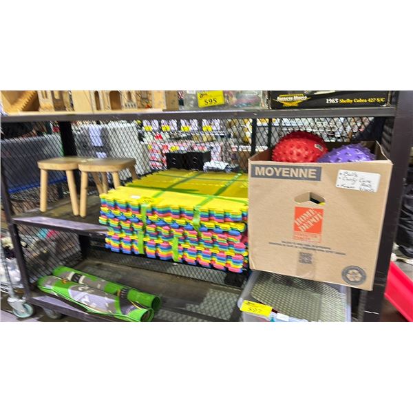 2 SMALL WOOD STOOLS, 20 INTERLOCKING FOAM TILES & BOX OF BALLS, FOAM BLOCKS & MORE