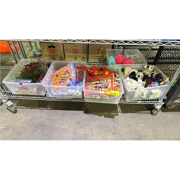 4 TOTES OF ASSORTED PLUSH TOYS, CHILDREN'S BOOKS, SENSORY TOYS & CHRISTMAS DECORATIONS